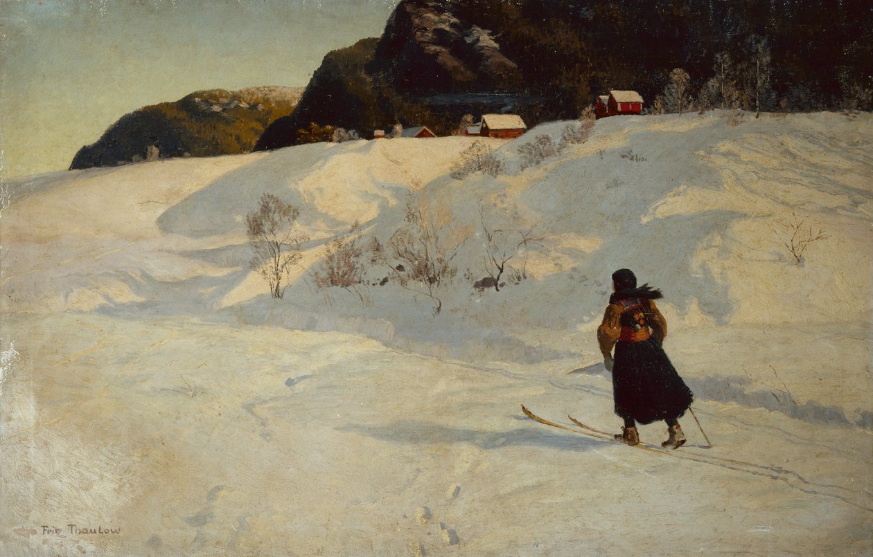 Téli jelenet egy síelővel alkotó: Fritz Thaulow