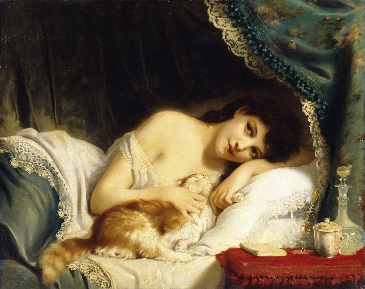 Egy fekvő szépség a macskájával, alkotó: Fritz Zuber Buhler