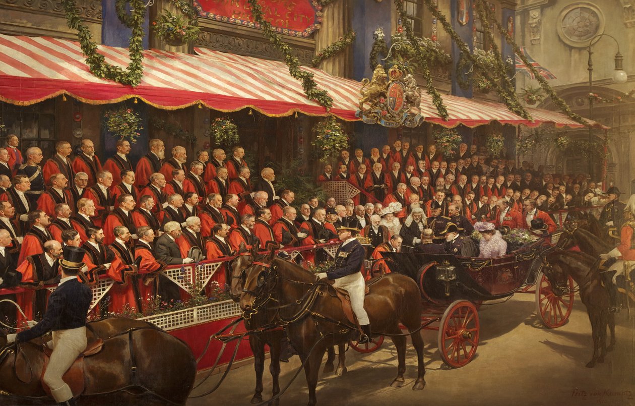 VII. Edward király lovagi címet adományozott Edward B. James aldermannek a Tanácsházban, 1908. július 9-én alkotó: Fritz von Kamptz