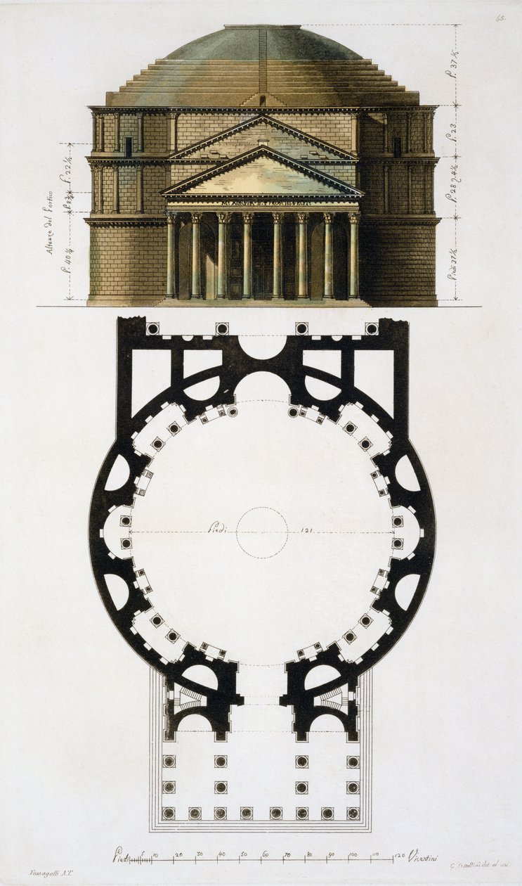 A római Pantheon alaprajza és homlokzata Jules Ferrario Le Costume Ancien et Moderne című művéből, G. Castellini metszetében, az 1820-as és 30-as évek színes litója alkotó: Fumagalli
