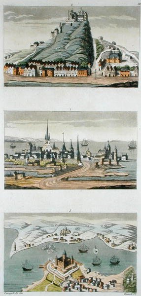 Skandináv kikötők (fentről lefelé: Koppenhága, Segeburg erődje és Sund erődje) 1800-15 körül, Jules Ferrario "Le Costume Ancien et Moderne" című művének 50. táblája, Angelo Biasioli (1790-1830) metszetében megjelent c. 1820-30-as évek (színes litó) alkotó: Fumagalli (after)