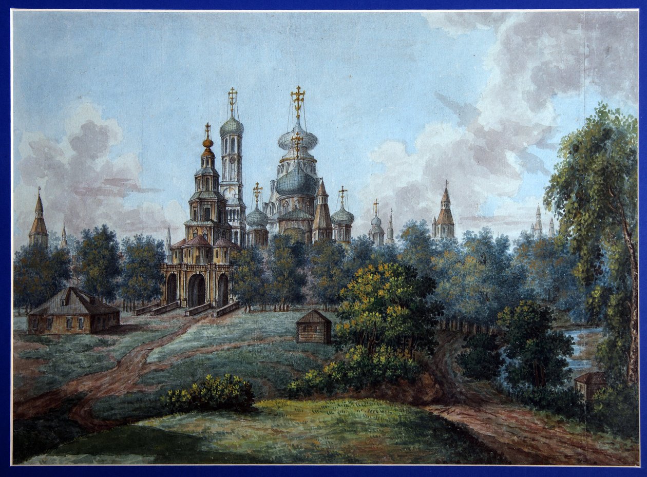 Az új jeruzsálemi kolostor. Orosz ortodox építészet, Istra Moszkva közelében. Fjodor Jakovlevics Alekszejev (1753-1824) munkája, akvarell és tus papíron, 1800 körül. Orosz művészet, 19. század eleje, klasszicizmus. utca alkotó: Fyodor Alexeyev