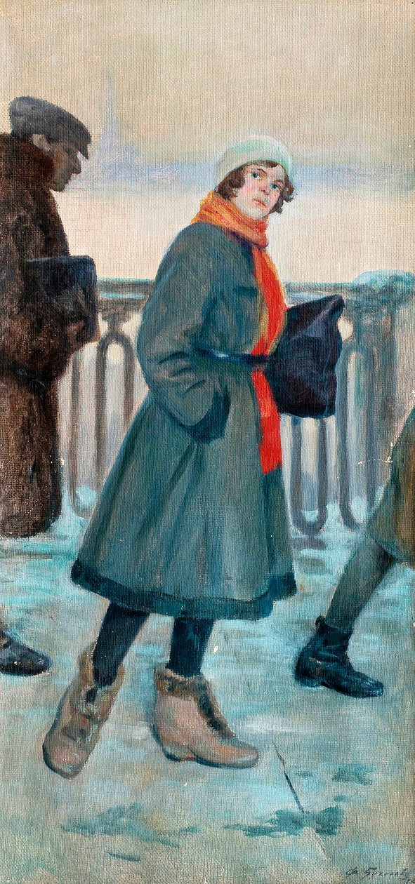 ""Útban a munkába"" Egy munkába induló nő (The Way to Work) Fjodor Buchholz festménye (1857-1942) Olaj, vászon 1926 Méret 71x34 cm Magángyűjtemény alkotó: Fyodor Buchholz