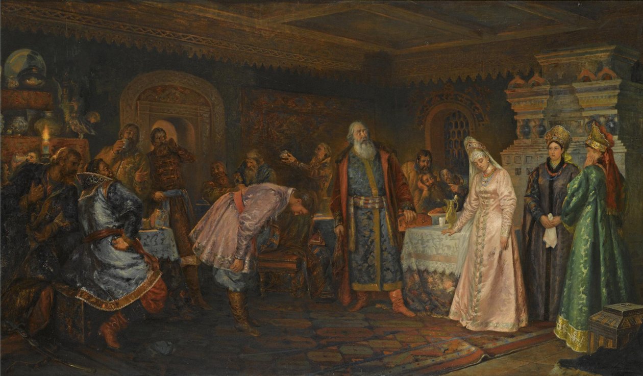 A csókszertartás. Boyar Morozov, felesége Jelena és Szerebrenni herceg alkotó: Fyodor Fyodorovich Buchholz