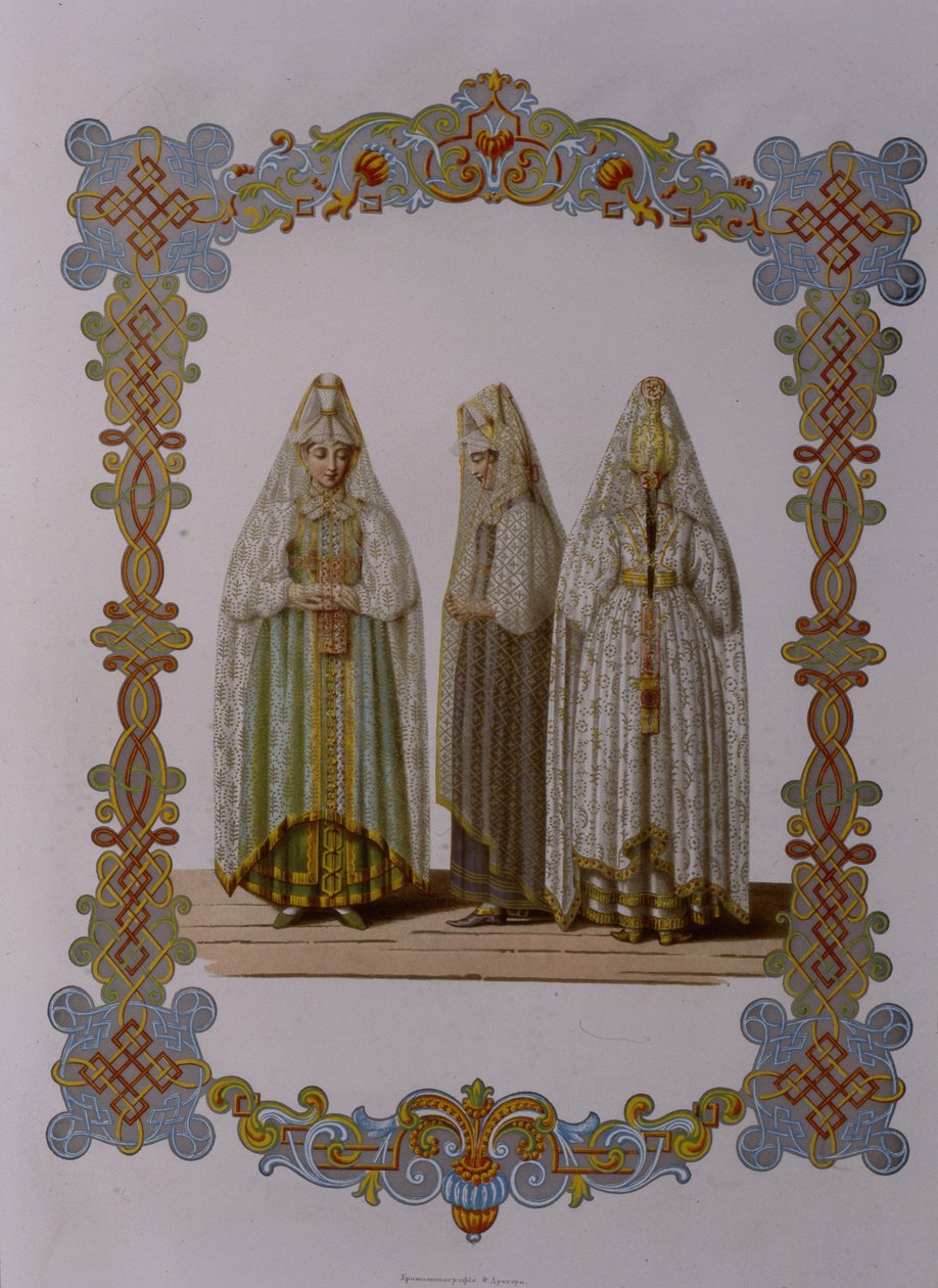 Torzhoki lányok jelmezei Az orosz állam ruházata sorozatból, 1851 alkotó: Fyodor Grigoryevich Solntsev