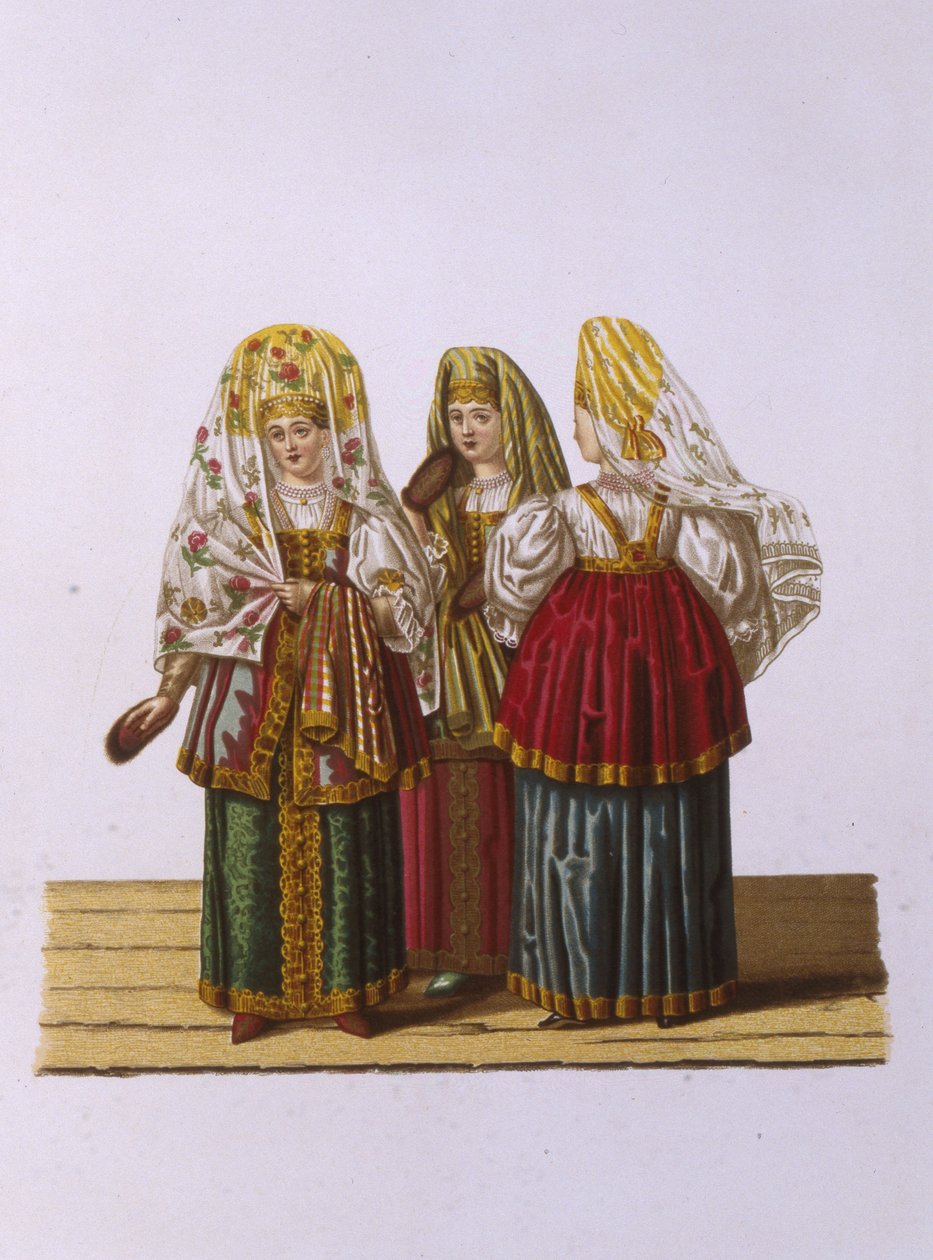 Tveri nők és lányok jelmezei Az orosz állam ruházata sorozatból, 1851 alkotó: Fyodor Grigoryevich Solntsev