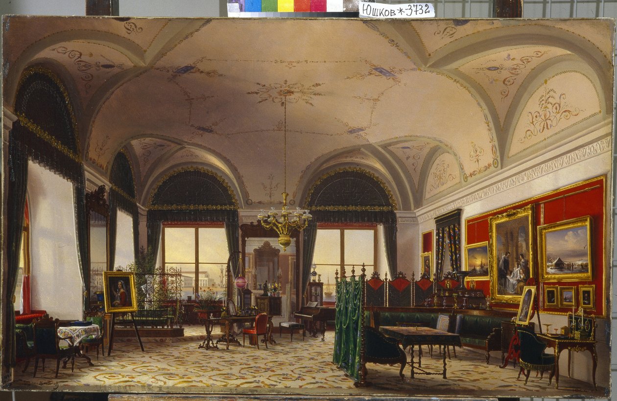 Olga Nikolaevna orosz nagyhercegnő (1822-1895) irodája a szentpétervári Téli Palotában. (Olga Nyikolajevna oroszországi nagyhercegnő tanulmánya a téli palotában). Fjodor Oszipovics Juskov (1819-1876) festménye, olaj, vászon alkotó: Fyodor Osipovich Yushkov