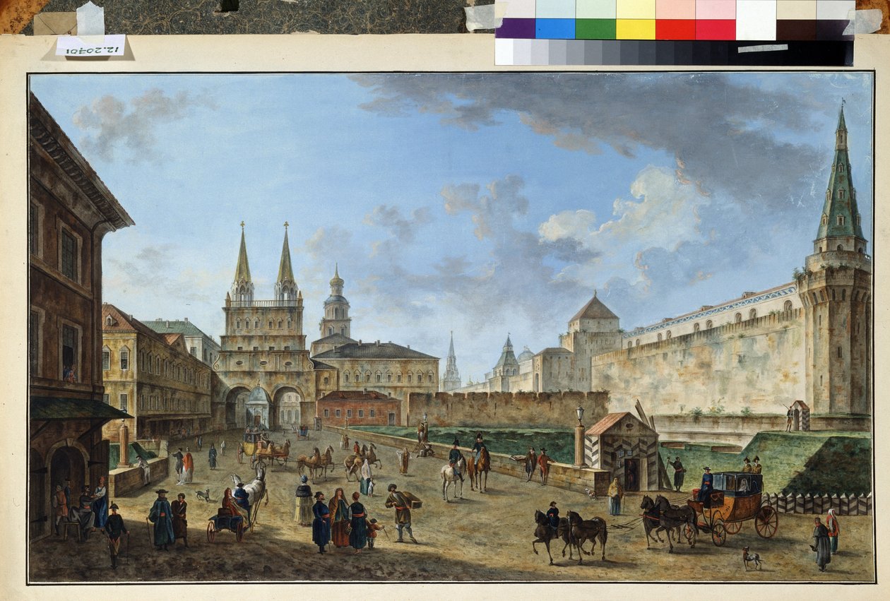 Moszkva, kilátás a feltámadás kapujára a Vörös téren. Fjodor Jakovlevics Alekszejev (1753-1824) festménye. Akvarell és gouache papíron, 58,2 x 91,2 cm, 1801 körül. Orosz művészet, klasszicizmus. Múzeum alkotó: Fyodor Yakovlevich Alexeev