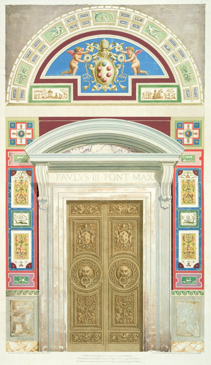 A vatikáni Raphael Loggia kapuja, a „Delle Loggie di Rafaele nel Vaticano” művéből, Giovanni Ottaviani (kb. 1735-1808) metszet, 1772-77 körül (kézzel színezett metszet) alkotó: G. and Camporesi, P. Savorelli