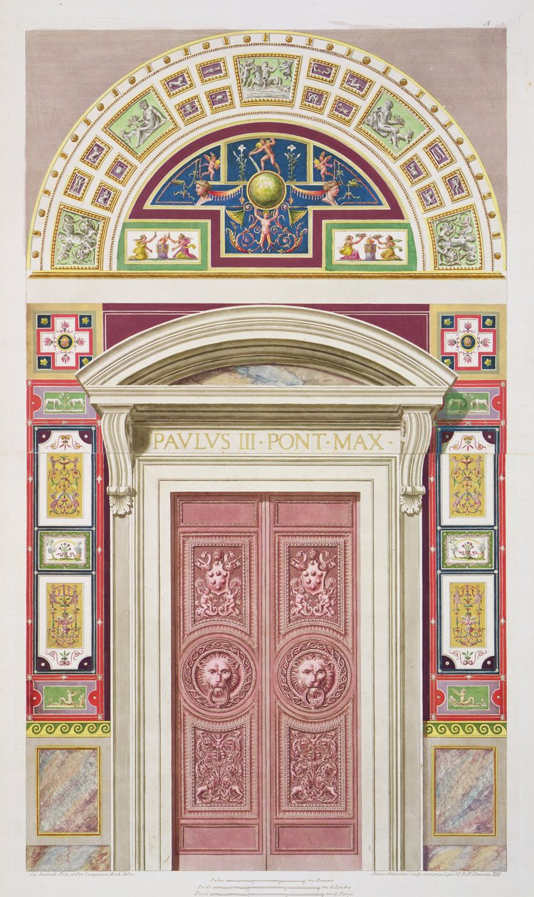 A vatikáni Raphael Loggia kapuja, a „Delle Loggie di Rafaele nel Vaticano” művéből, Giovanni Ottaviani (kb. 1735-1808) metszet, 1772-77 körül (kézzel színezett metszet) alkotó: G. and Camporesi, P. Savorelli