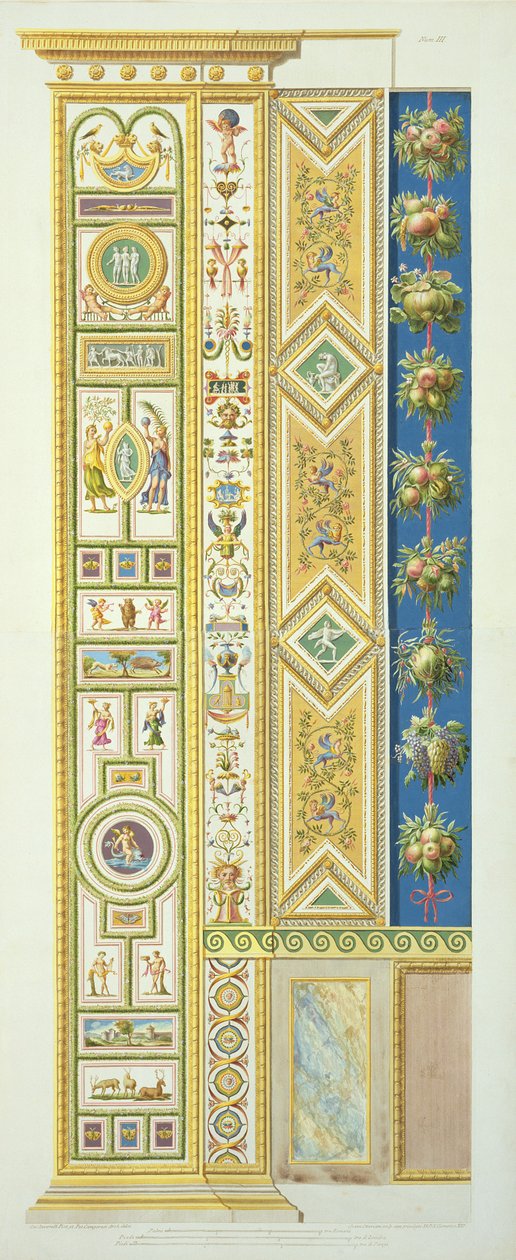 A vatikáni Raffaello loggia táblája, a "Delle Loggie di Rafaele nel Vaticano" című, Giovanni Ottaviani (1735-1808 körül) által metszett és 1772-77 körül kiadott munkából (kézi színes metszet). alkotó: G. and Camporesi, P. Savorelli