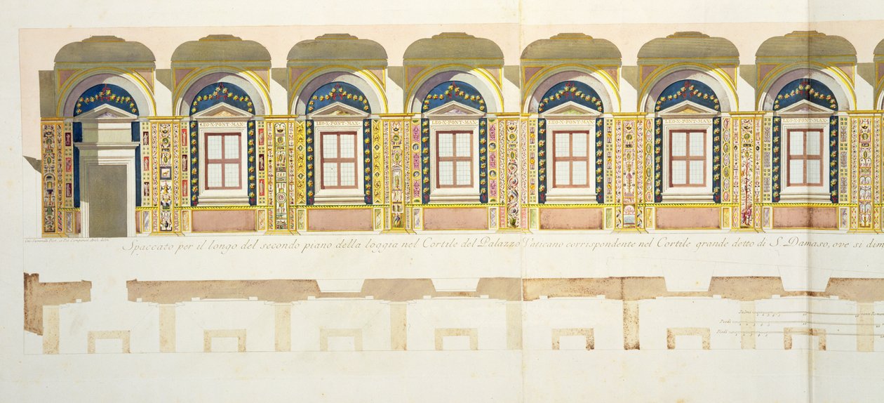 A vatikáni Raffaello loggia második emeletének függőleges metszete, a "Delle Loggie di Rafaele nel Vaticano" című, 1772-77 körül megjelent kiadványból (kézi színezett metszet). alkotó: G. and Camporesi, P. Savorelli