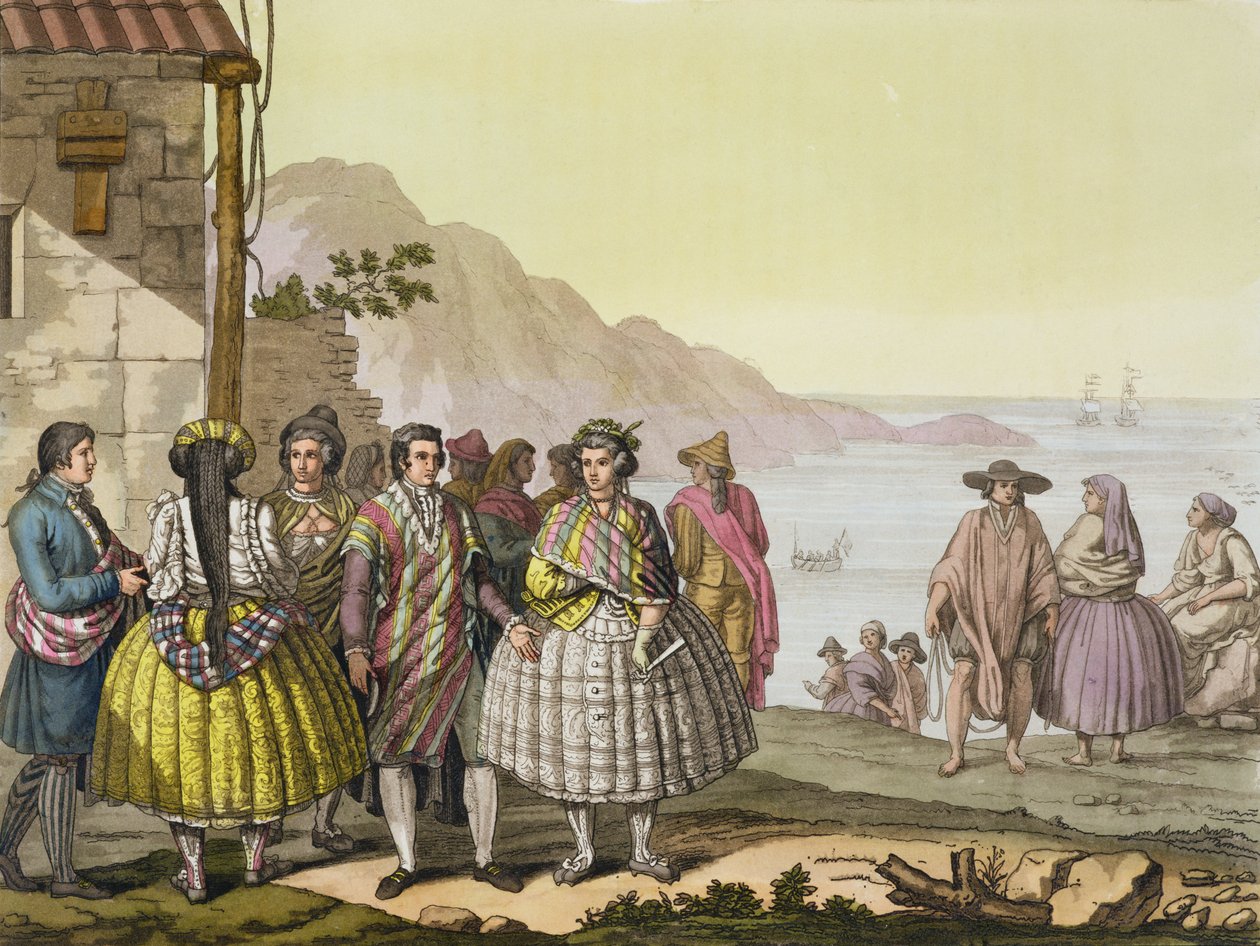 Férfiak és nők kifinomult kosztümben, Chile, a „Le Costume Ancien et Moderne” II. kötet 27. táblájából, Jules Ferrario, metszett Paolo Fumagalli, kiadva az 1820-as és 30-as évek körül alkotó: G. Bramati