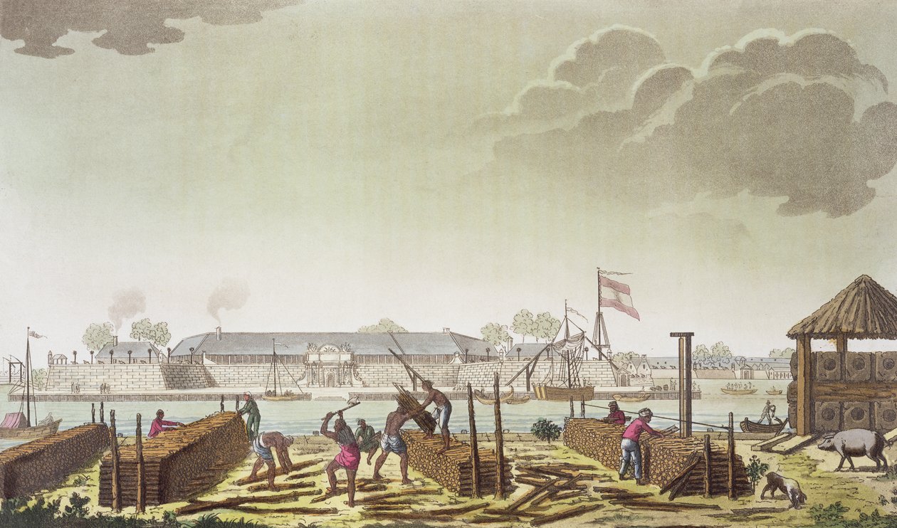 A bataviai erőd bennszülött favágókkal, Jules Ferrario „Le Costume Ancien et Moderne” 50-es táblája, az 1820-as és 30-as évek körül megjelent alkotó: G. Castellini