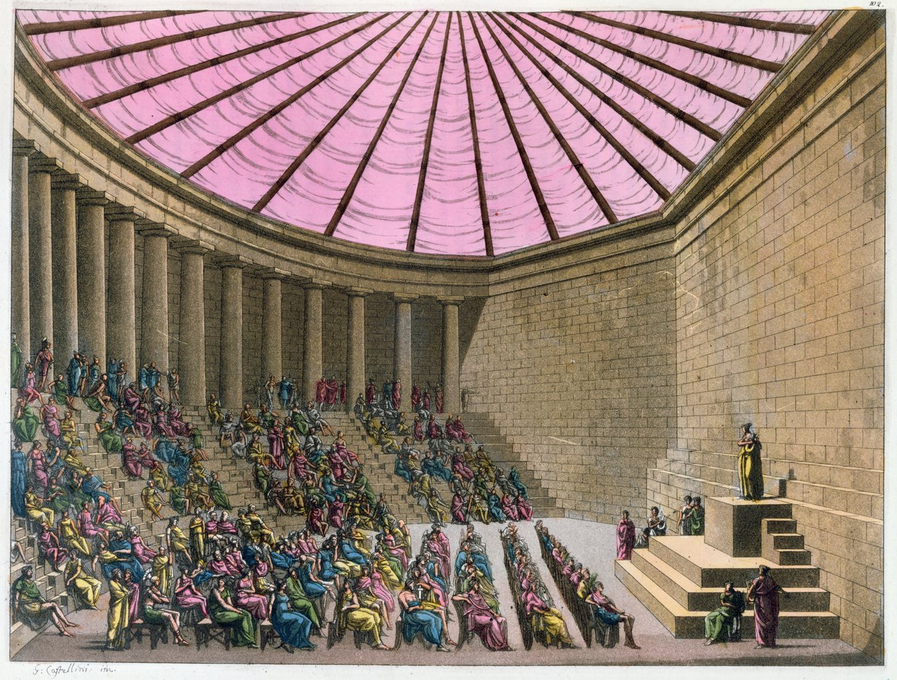 Az Odeon Periklész idejében, illusztráció Giulio Ferrario „Il Costume Antico e Moderno” című művéből, Milánó, 1815-1834 (kézzel színezett metszet) alkotó: G. Castellini