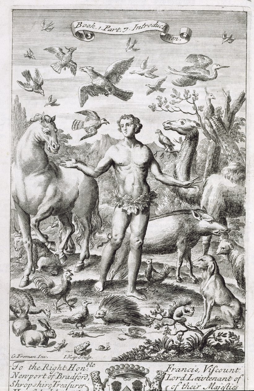 Ádám a Paradicsomban az állatokkal, illusztráció Anthony Le Grand "A filozófia alapelvei" 1. könyvének 7. részéhez, Johannes Kip (165253-1722) metszete, 1694. alkotó: G Freman