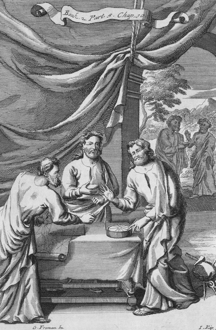 Vitatkozás a térképészek között, illusztráció a "Filozófia alapelvei" 2. könyvének 5. részének 10. fejezetéből, Johannes Kip (165353-1722) metszete, 1694. alkotó: G Freman
