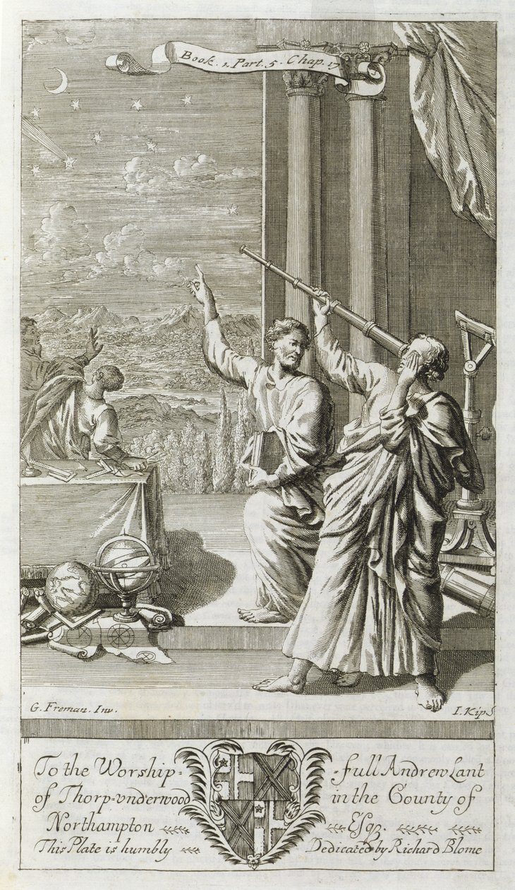 Görög csillagász tanulmányozza a csillagokat, illusztráció az 1. könyv 5. részéből, Anthony Le Grand „A filozófia alapelvei” 17. fejezetéből, Johannes Kip (16523-1722) metszete, 1694 alkotó: G Freman