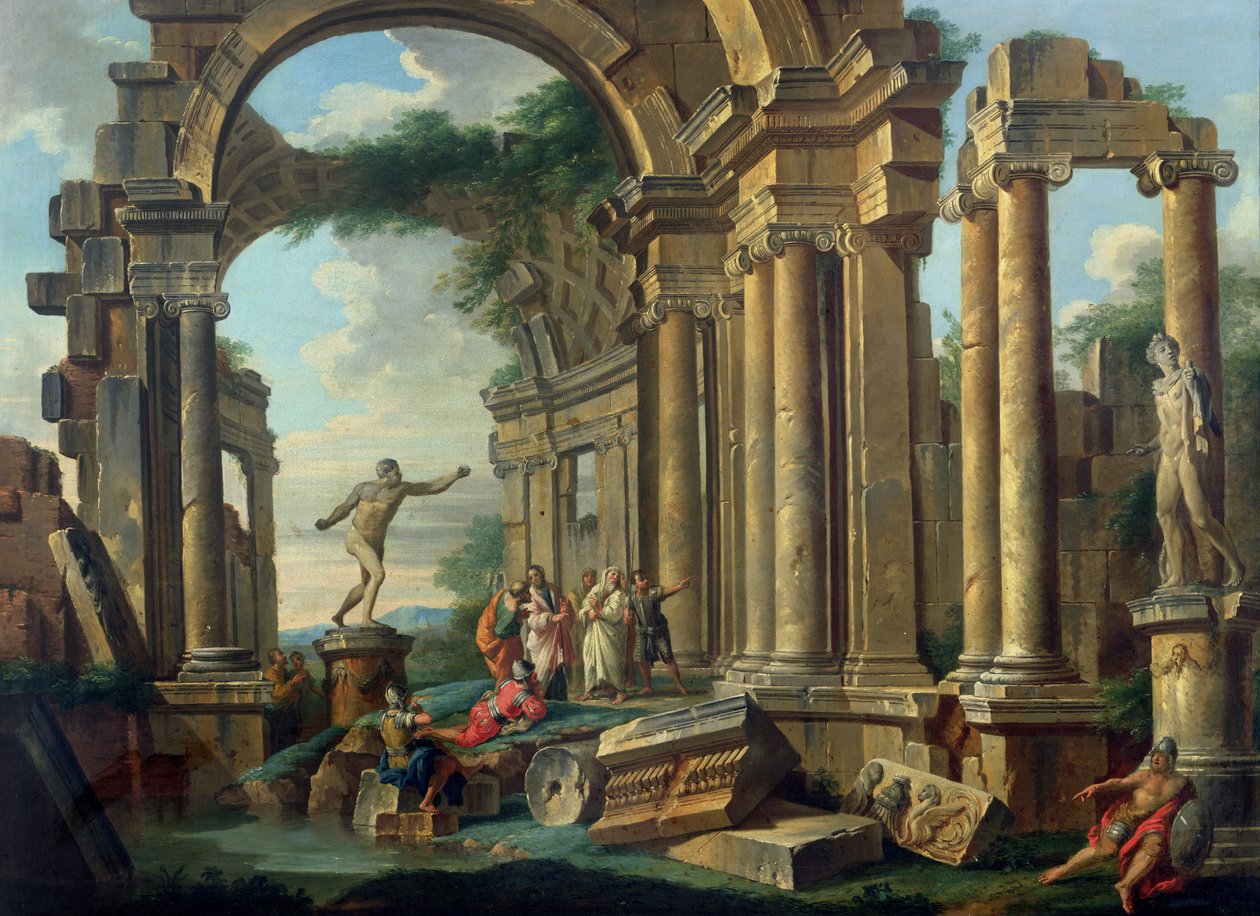 Építészeti capriccio a harcos Agasiák szobraival és az Apolló Belvedere szoborral alkotó: Giovanni Paolo Pannini