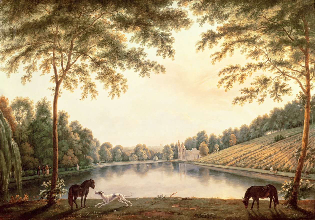 A Surrey-i Painshill-i apátság tavának és romjainak látványa alkotó: G. and Gilpin, S. Barrett