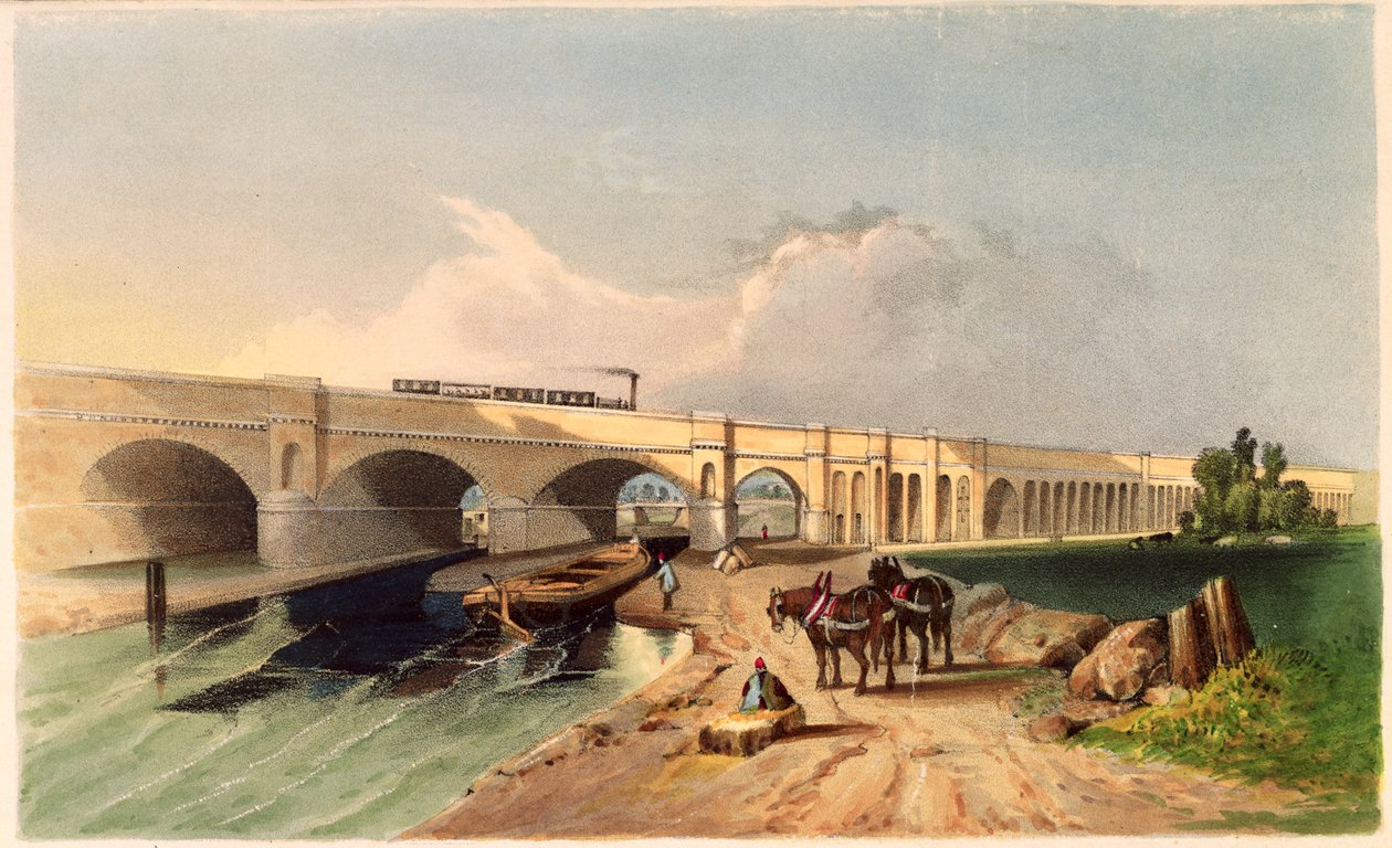 A greenwichi vasúti viadukt deptfordi látképe, 1836 alkotó: G.F. Bragg