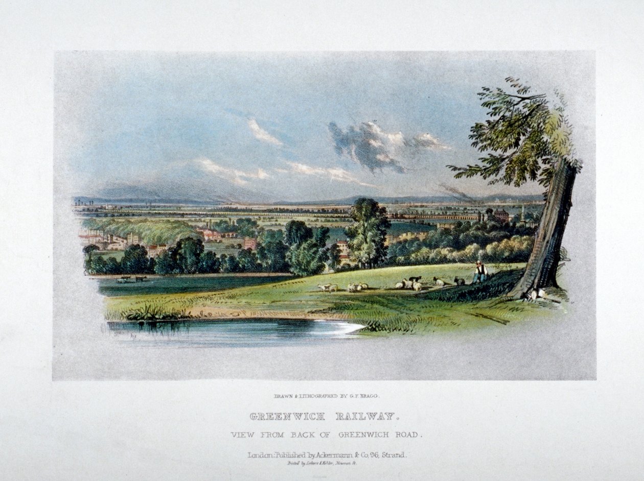 Kilátás a londoni és a greenwichi vasútra a Greenwich Road hátuljáról, 1836 alkotó: GF Bragg