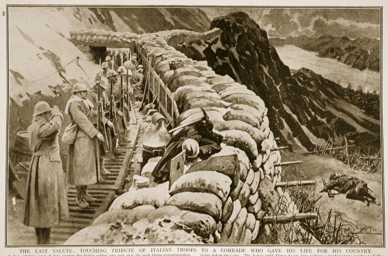 Az utolsó tisztelgés: Az olasz csapatok megható tisztelgése egy elvtárs előtt, aki életét adta hazájáért, 1914-1919 alkotó: G.S. Amato