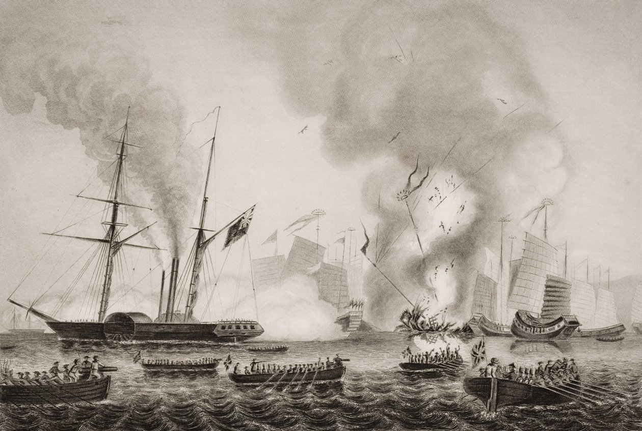 A Hon. A Kelet-indiai Társaság Nemesis gőzhajója és a The Sulphur, Calliope, Larne és Starling hajói megsemmisítik a kínai háborús dzsunkákat az Ansons-öbölben. 1841. január 7., illusztráció az 