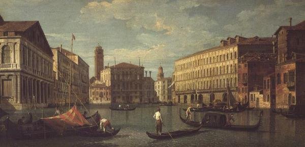 A Grand Canal, Velence, a Palazzo Mocenigo, Palazzo Balbi, Santa Maria Gloriosa dei Frari és Campo S.Toma alkotó: G. (Follower of A. Canaletto) Canaletto
