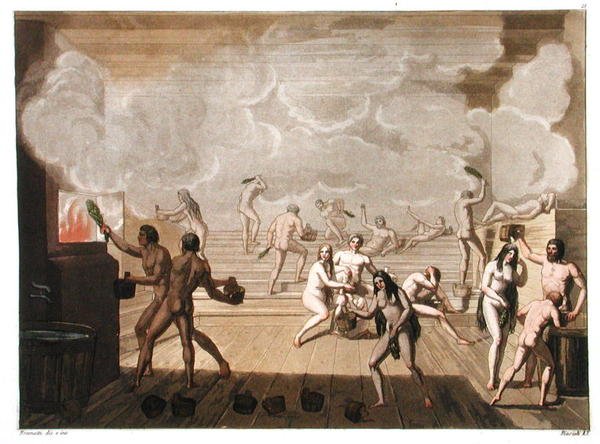 Közös szauna, 21. tábla Jules Ferrario "Le Costume Ancien et Moderne" című művéből, Angelo Biasioli (1790-1830) metszete, kiadva az 1820-30-as években (színes litográfia). alkotó: G. (after) Bramati