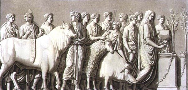 Bika, kos és vaddisznó domborműve fogadalmi oltárhoz vezetett Jules Ferrario „Le Costume Ancien et Moderne” című művéből, Fumagalli metszetével, az 1820-as és 30-as évek körül megjelent (színes litó) alkotó: G. (after) Bramati