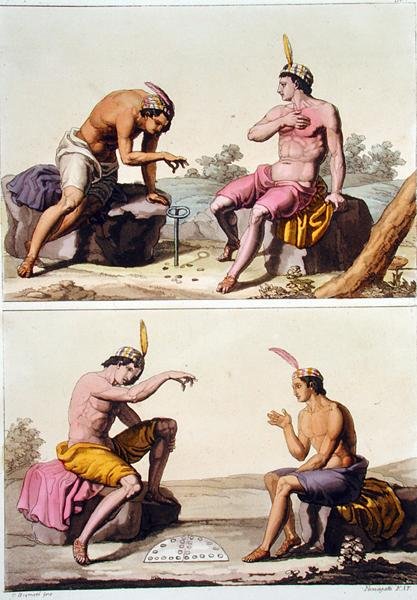 Queciut (fent) és Porotost (lent) játszó indiánok, Chile, a „Le Costume Ancien et Moderne” II. kötet 29. táblájából, Jules Ferrario, metszet: Paolo Fumagalli, kiadva az 1820-as és 30-as évek körül (színes litó) alkotó: G. (after) Bramati