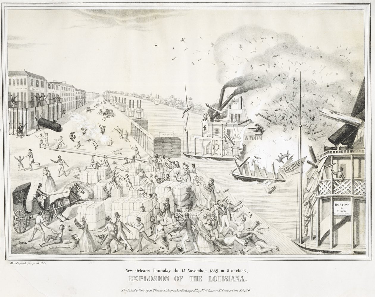 New Orleans 1849. november 15-én, csütörtökön 5 órakor, a louisianai robbanás, kb. 1849 (kromolitográfia) alkotó: G. (after) Tolti