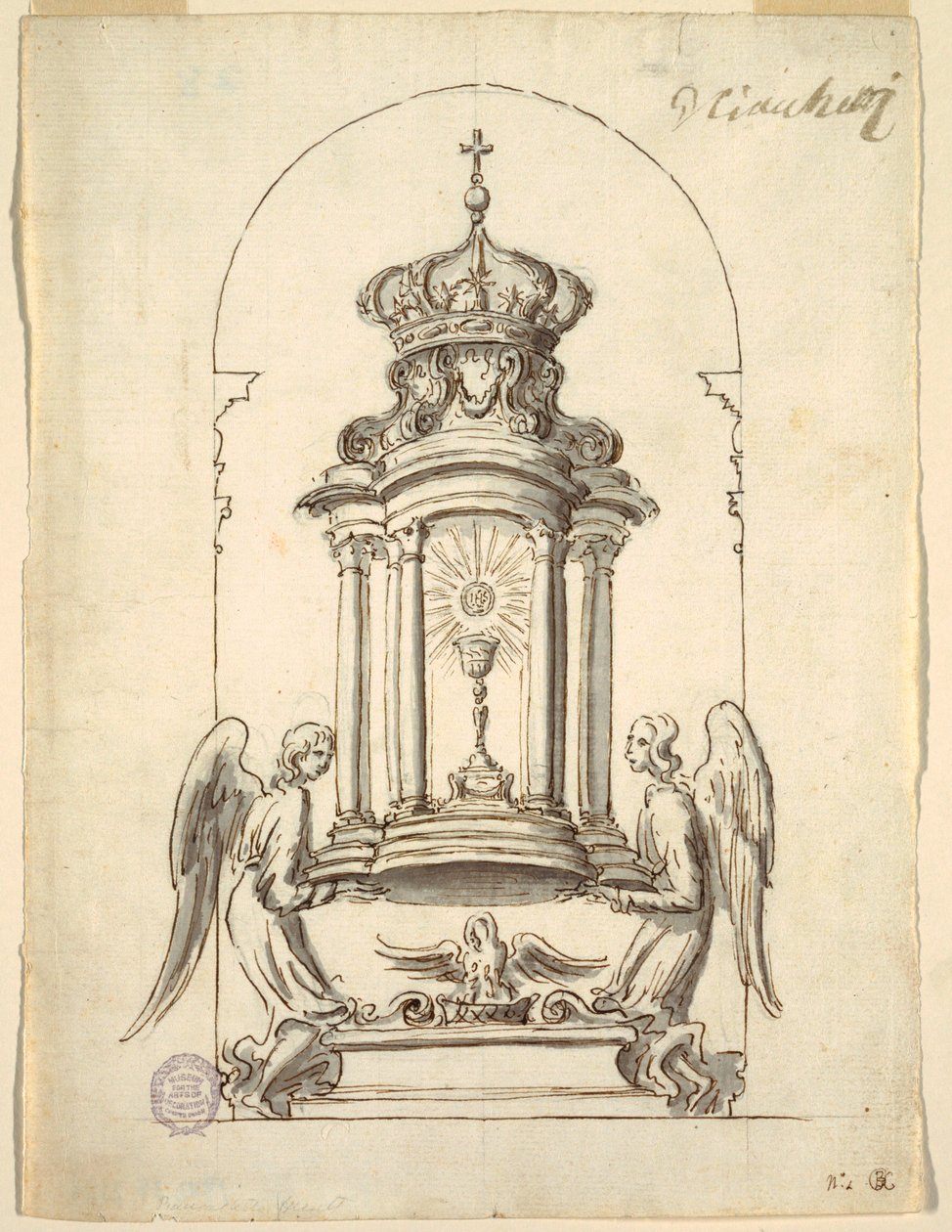 Rajz, terv egy tabernákulum bronzból készítendő ajtajához, 1725 körül. alkotó: G B C