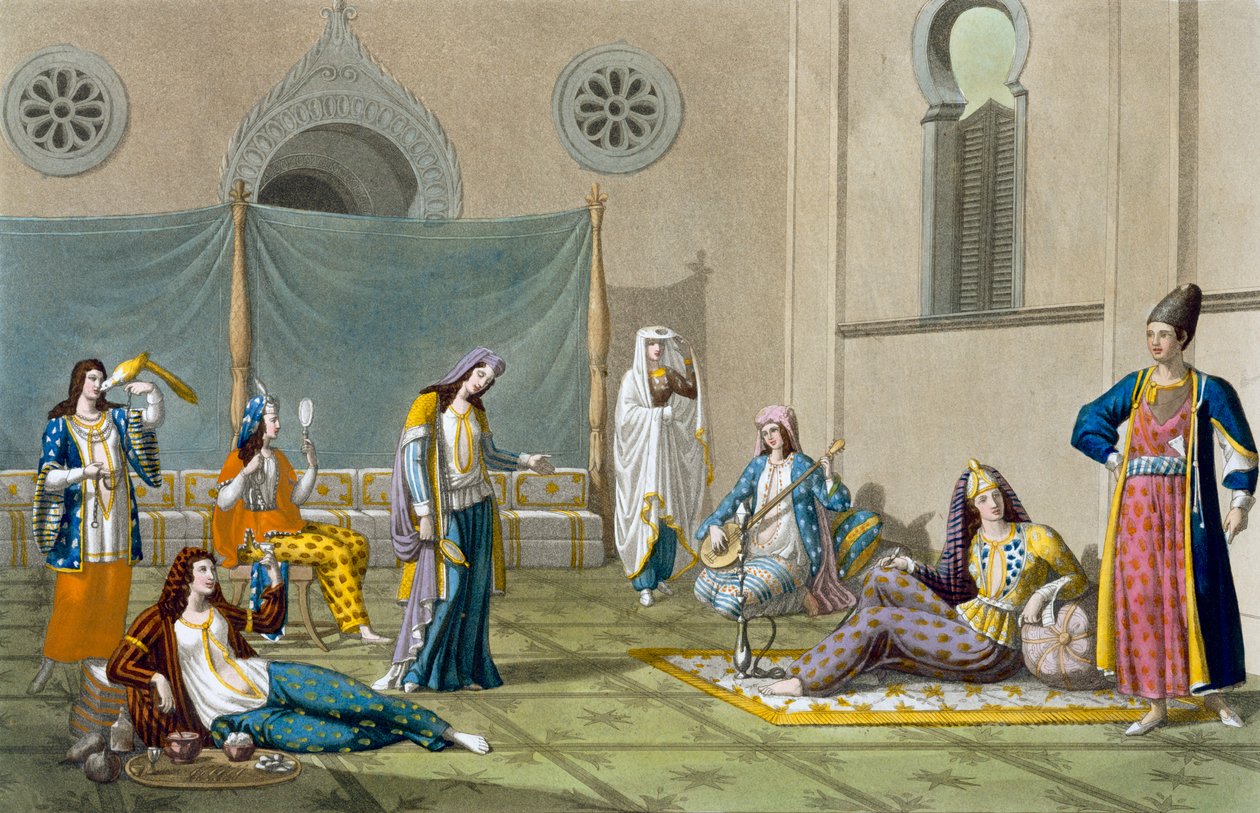 Egy perzsa hárem, a „Le Costume Ancien et Moderne” I. kötet 47. lemezéből, Jules Ferrario, kiadva az 1820-as és 30-as évek körül alkotó: G. Bramati