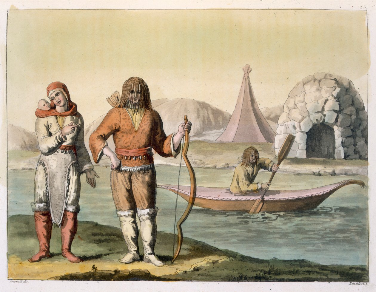 Eszkimók a Hudson-öbölben, a „Le Costume Ancien et Moderne” I. kötet 23. táblájából, Jules Ferrario, metszett Angelo Biasioli (1790-1830), kiadva az 1820-as és 30-as évek körül (színes metszet) alkotó: G. Bramati