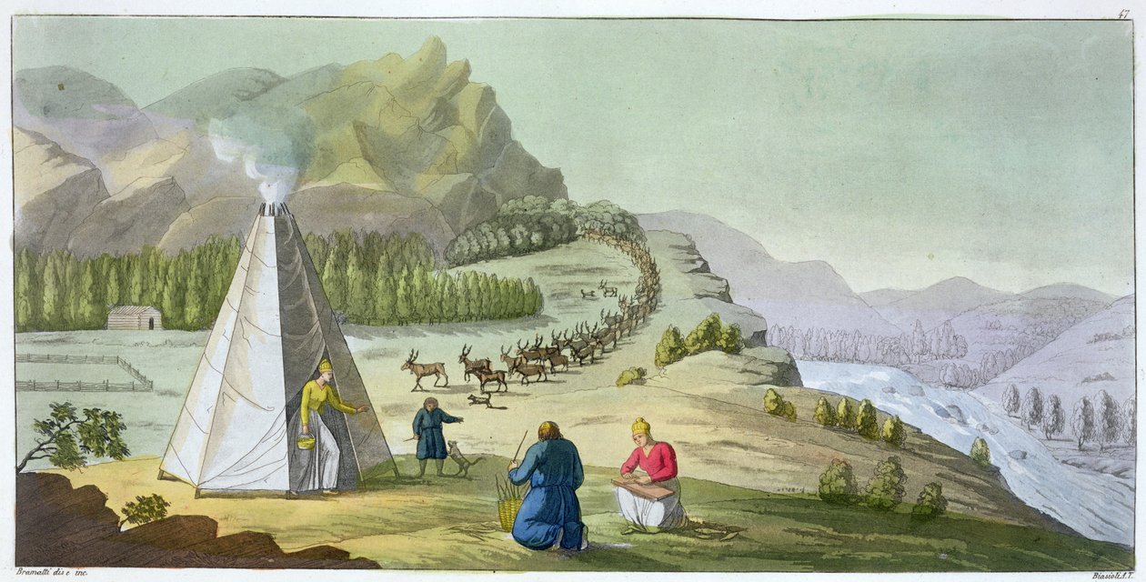 Rénszarvas terelés, Lappföld, Jules Ferrario "Le Costume Ancien et Moderne" 47-es táblája, Angelo Biasioli (1790-1830) metszet, az 1820-as és 30-as évek körül megjelent alkotó: G. Bramati