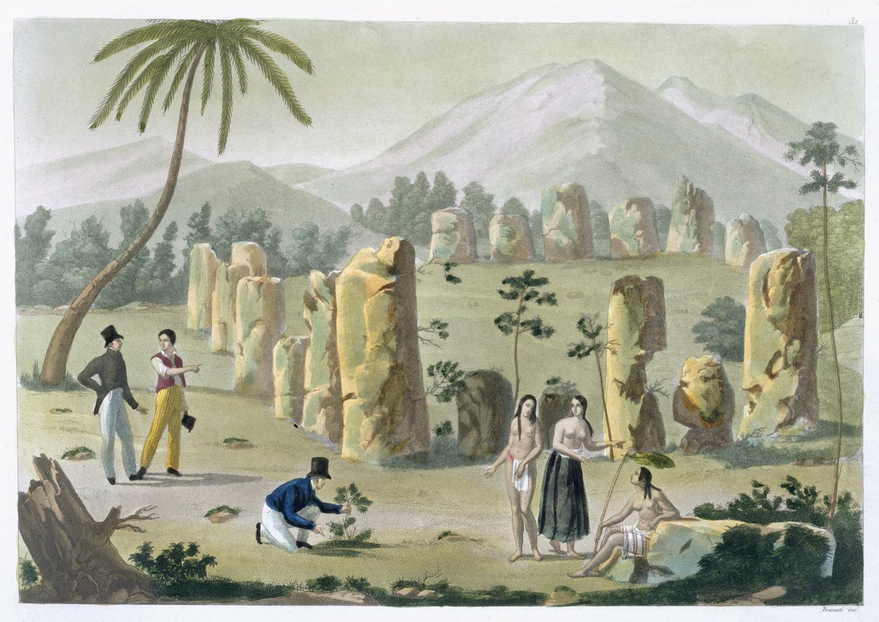 "Az ősök háza", Tinian sziget, 31. tábla Jules Ferrario "Le Costume Ancien et Moderne" című művéből, kiadva az 1820-30-as években (lásd még 206893). alkotó: G. Bramati