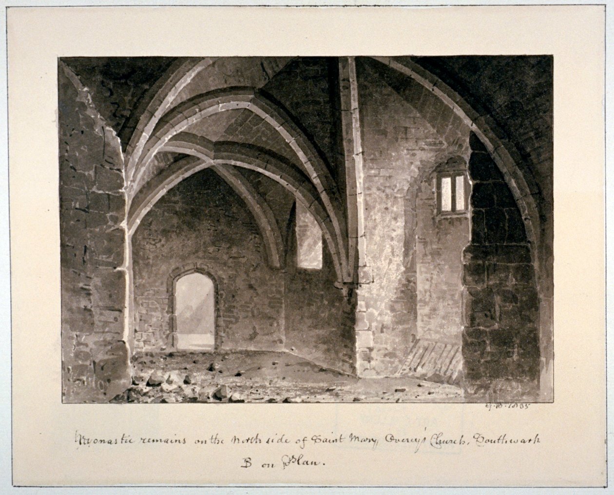 Kolostori maradványok a St Mary Overy templom északi oldalán, Southwark, London, 1835. alkotó: G Buckler