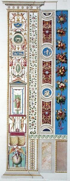 Panel a Raphael Loggia-tól a Vatikánban, a "Delle Loggie di Rafaele nel Vaticano" -tól, Giovanni Ottaviani (c. 1735-1808) metszete, közzétéve: 1772-77 (kézi színű metszet) alkotó: G. and Camporesi P. Savorelli