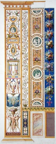 Panel a vatikáni Raphael-loggiáról, a „Delle Loggie di Rafaele nel Vaticano”-ból, Giovanni Ottaviani (kb. 1735-1808) metszet, 1772-77 körül megjelent (kézzel színezett metszet) alkotó: G. and Camporesi P. Savorelli
