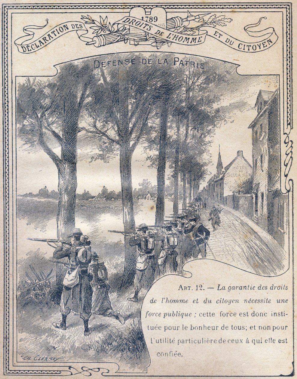 1789: Az ember és a polgár jogainak nyilatkozata : Defense de la patrie . Metszet a "Le livre unique de morale et d