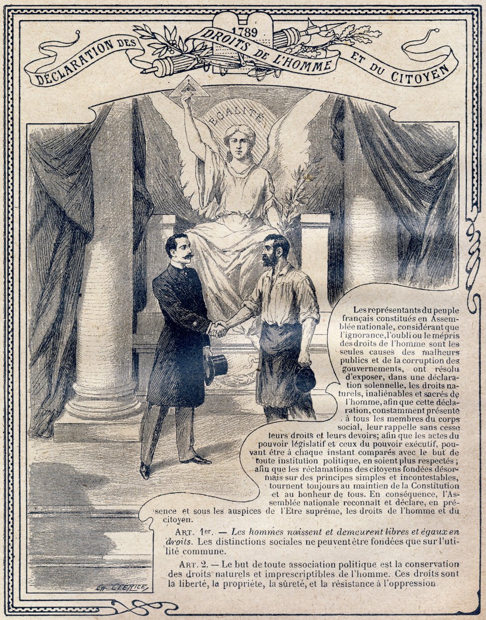 1789: Nyilatkozat az ember és a polgár jogairól: egyenlőség. Metszet az „Egyetlen erkölcsi és állampolgári nevelési könyvbe, amely az Általános Iskola három szakának tanulóinak, valamint a Líceusok és Főiskolák általános osztályainak tanulói számára készül alkotó: G. Dascher