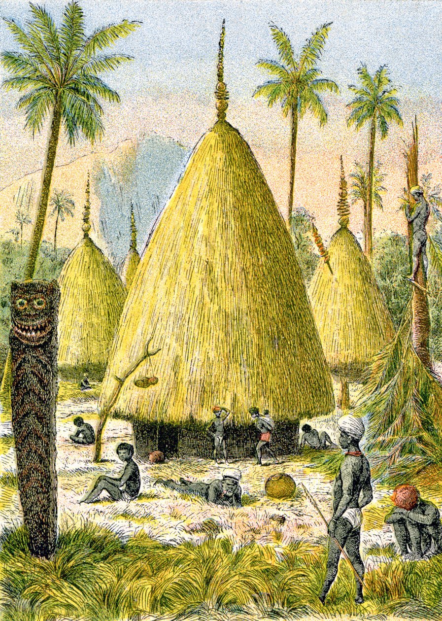 Canaque falu Új-Kaledóniában, 1900-1910 körül (illusztráció) alkotó: G. Dascher