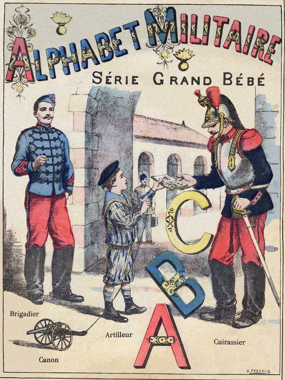 A Grand-Bebe sorozat "Katonai ábécéje" borítója. Metszés. Pont-a-Mousson képalkotás. Louis Vagne, Nyomda-kiadó, 1900 körül. Illusztrációk: G. Dascher. 20 oldal. Mérete: 31,5x24,5 cm alkotó: G. Dascher