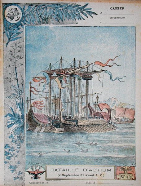 Iskolai füzet borítója, amely az actiumi csatát ábrázolja, Kr. e. 31. szeptember 2., 1900 körül (színes litográfia). alkotó: G. Dascher