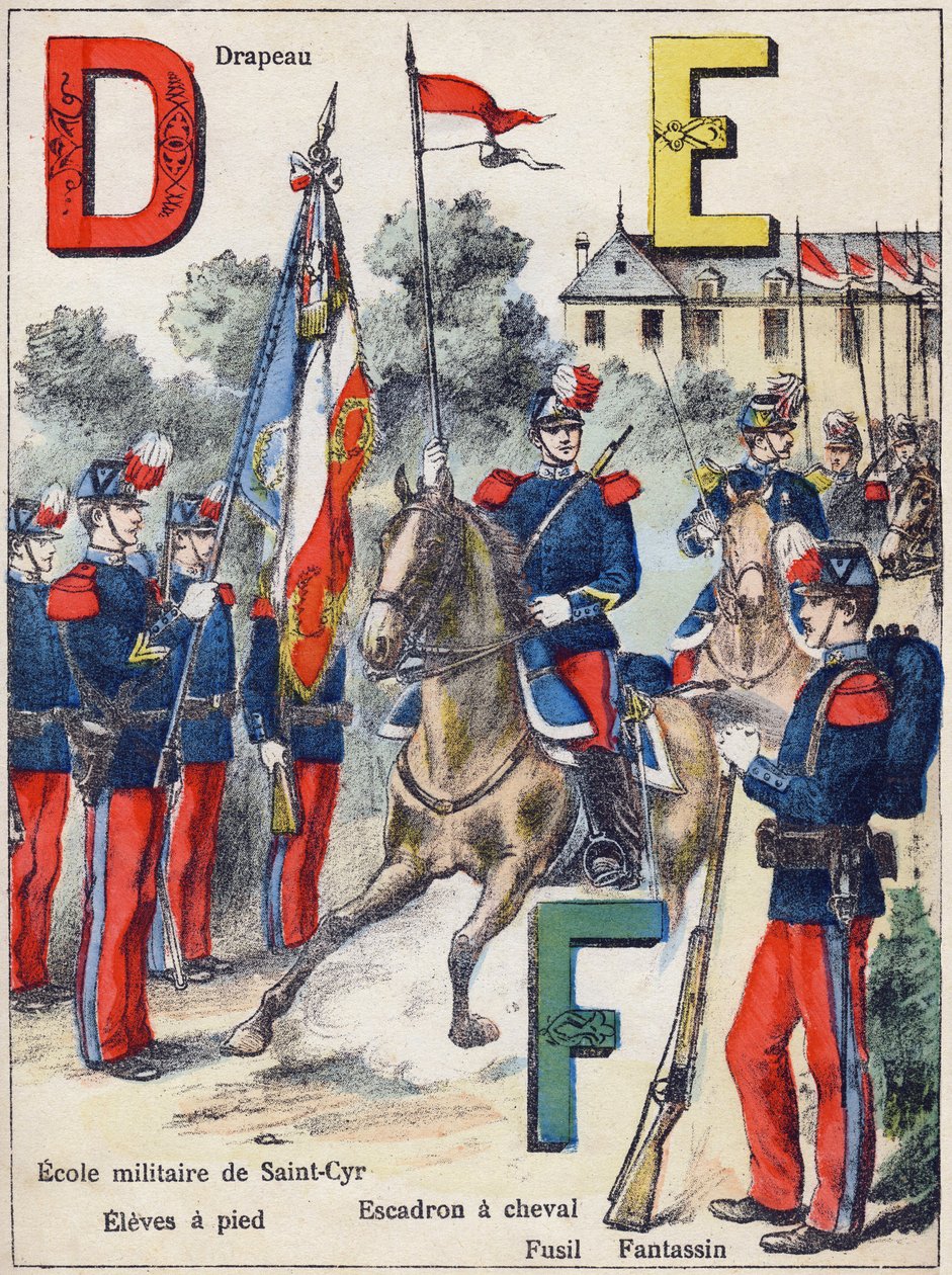 D E F betűk: Zászló, Saint-Cyr katonai iskola (Saint Cyr), Eleves gyalog, Lószázad, Puska és Fantassin, 1900 körül (litográfia) alkotó: G. Dascher