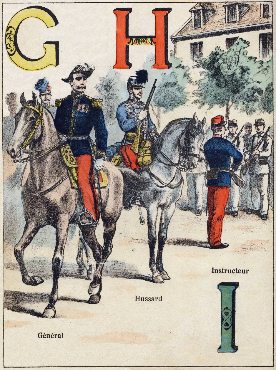 G H I betűk: tábornok, huszár és oktató. Gravírozás az "Alphabet militaire" Grand-Bebe sorozatban. Metszés. Pont-a-Mousson képalkotás. Louis Vagne, Nyomda-kiadó, 1900 körül. G. Dascher illusztrációi. 20 oldal. Mérete: 31,5x24,5 cm alkotó: G. Dascher