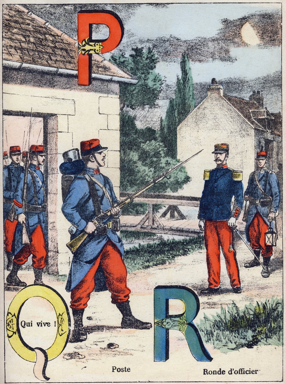 P betűk Q és R: Post, Qui vive! és Tiszti kör. Gravírozás az "Alphabet militaire" Grand-Bebe sorozatban. Metszés. Pont-a-Mousson képalkotás. Louis Vagne, Nyomda-kiadó, 1900 körül. Illusztrációk: G. Dascher. 20 oldal. Mérete: 31,5x24,5 cm alkotó: G. Dascher