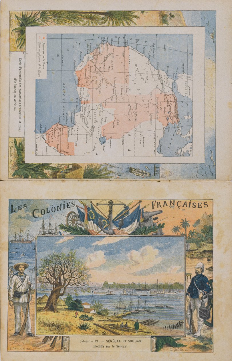 Az afrikai francia birtokok és befolyási övezetek térképe és a Szenegál folyó látványa, egy iskolai füzet borítója, 19. század vége (színes metszet) alkotó: G. Dascher